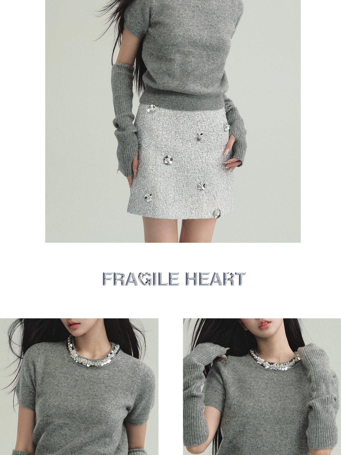 Sequined Neck Knit T-Shirt With Matching Sleeves