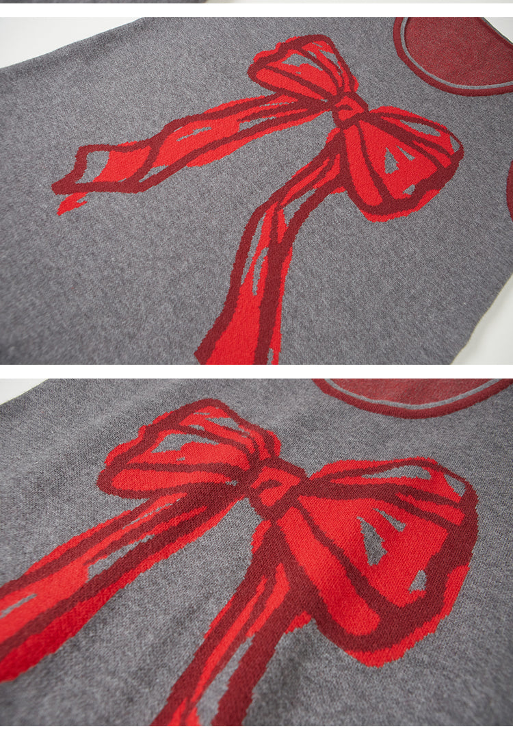 Hand-Drawn Style Bow Knit Vest Short Dress