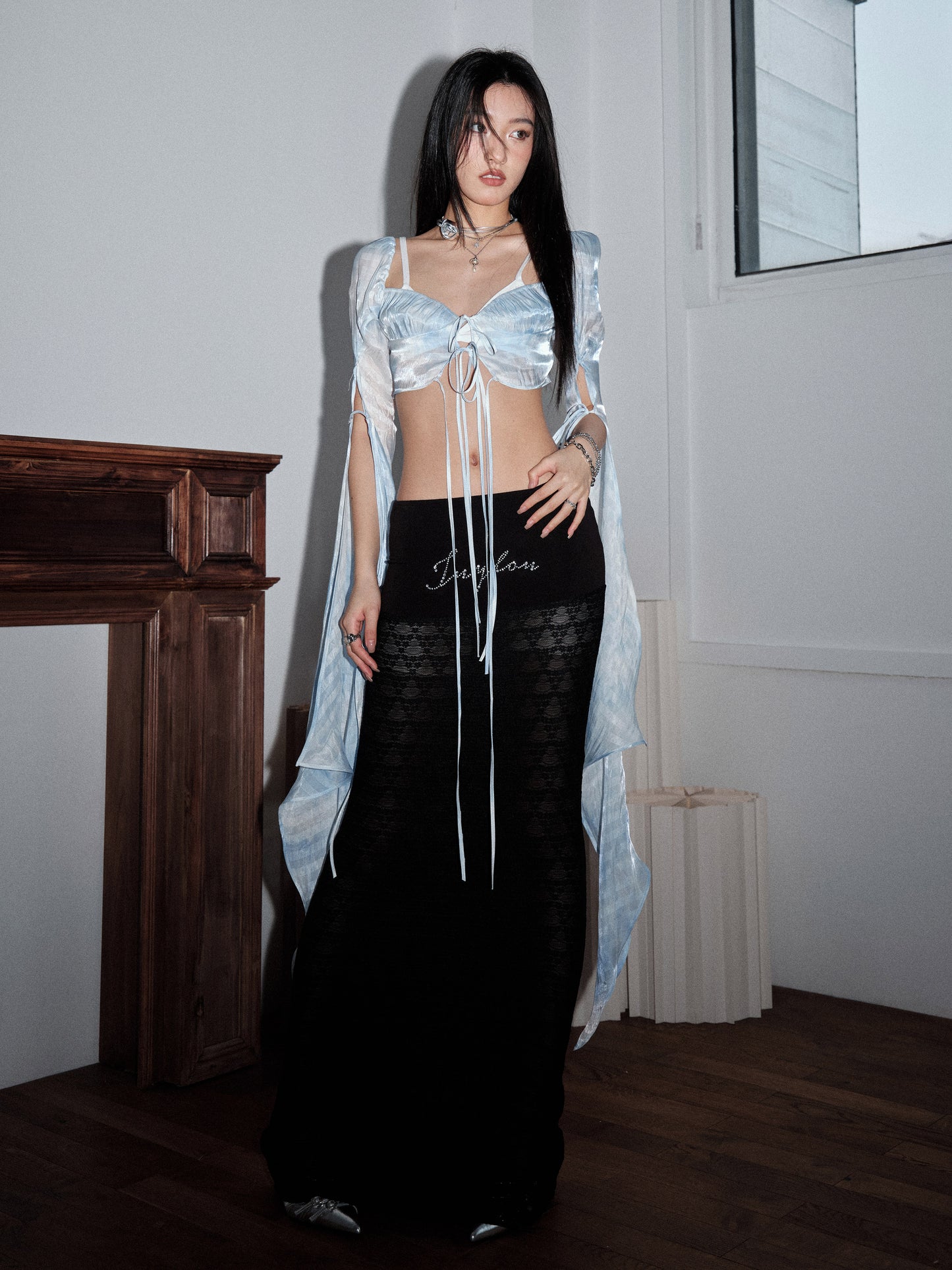 Lace-Up Front Extended Sleeve Flowing Cropped Top