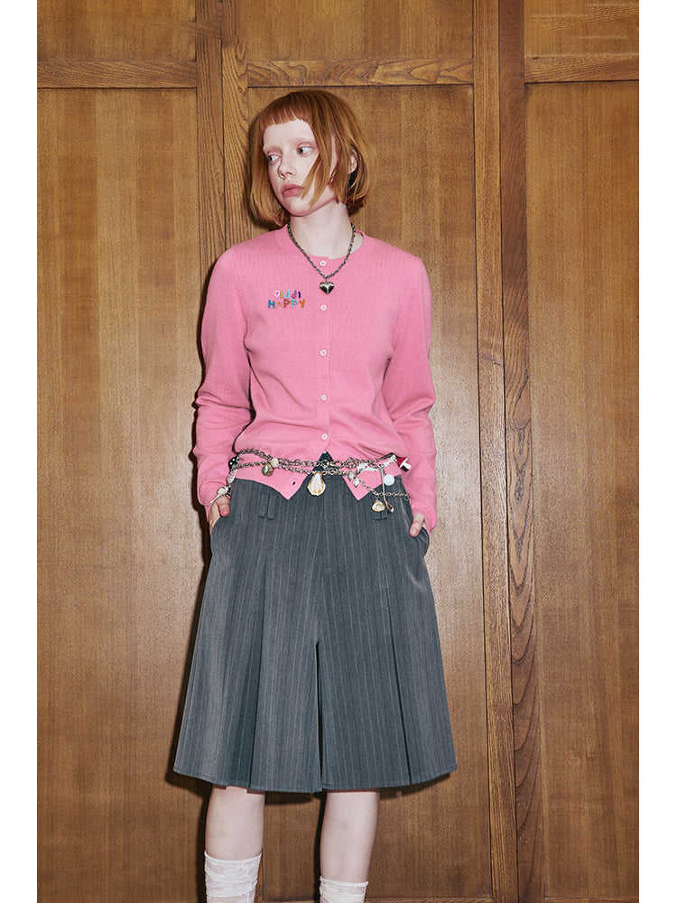 Double Waist Stripe Pleated Wide-Leg Culottes