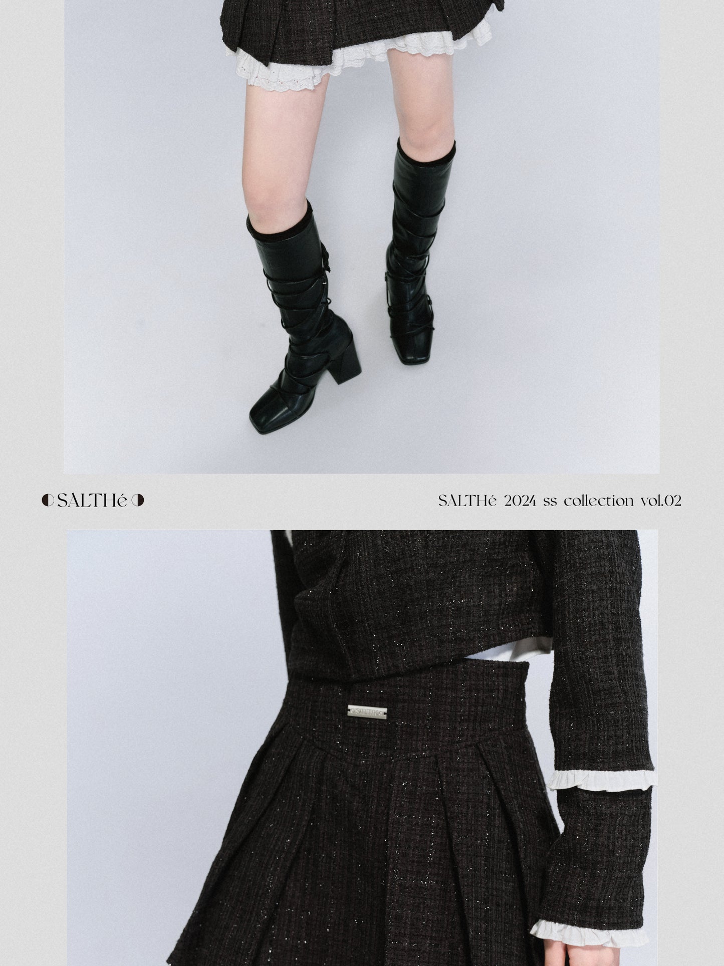 Dual Closure Tweed Jacket And Pleated Frill Skirt