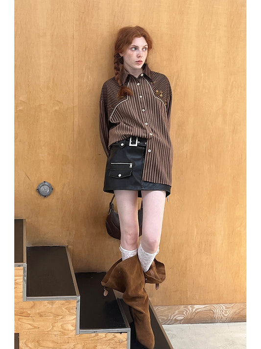 Retro-Inspired Faux Suede Beaded Striped Shirt