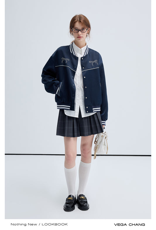 Bow Motif Embroidery Sporty Casual Varsity Jacket