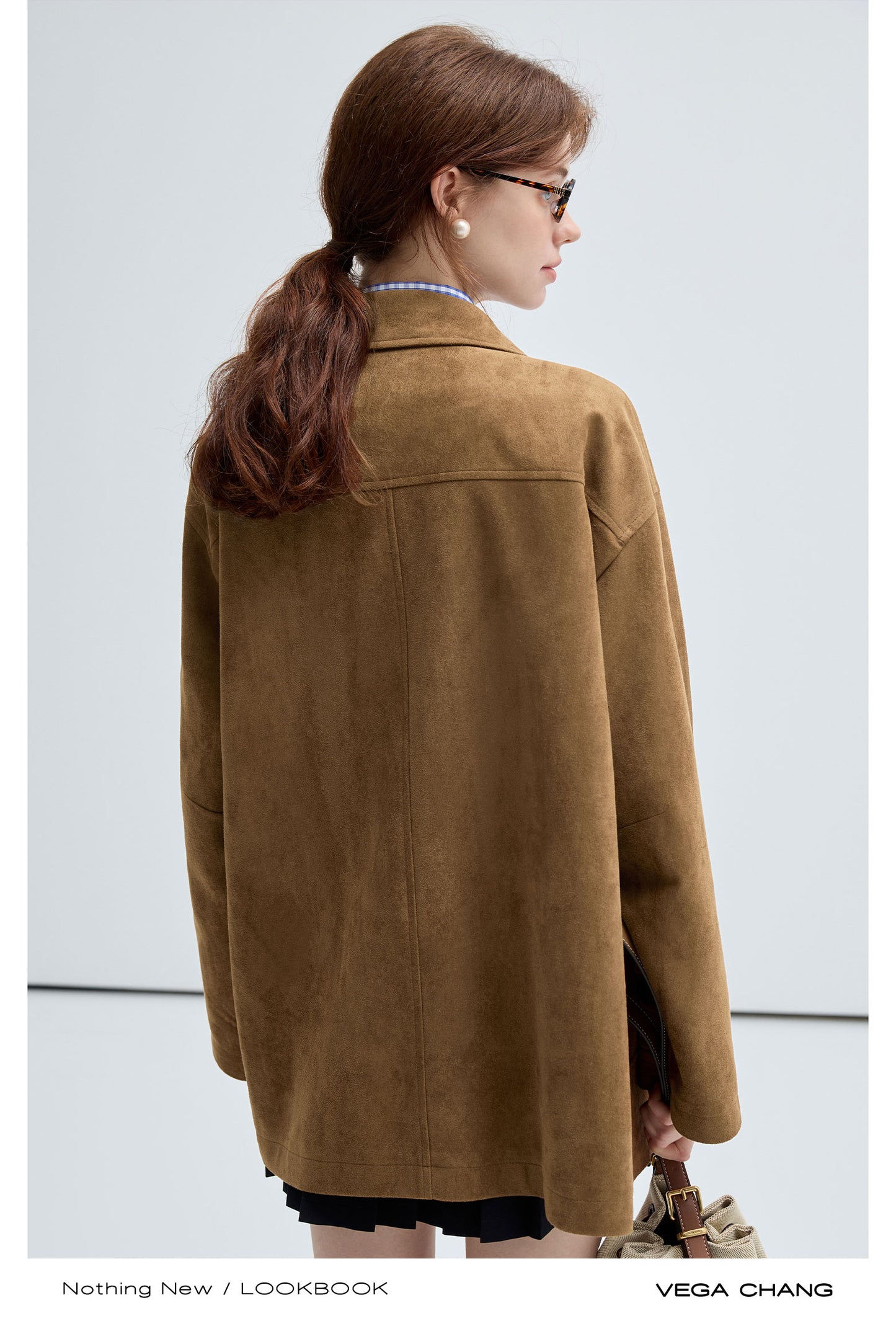 Faux Suede Pocketed Boxy Jacket With Gold Buttons