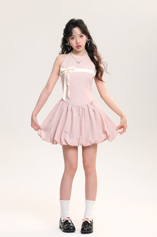 Bicolor Bow Motif Halter Neck Balloon Dress
