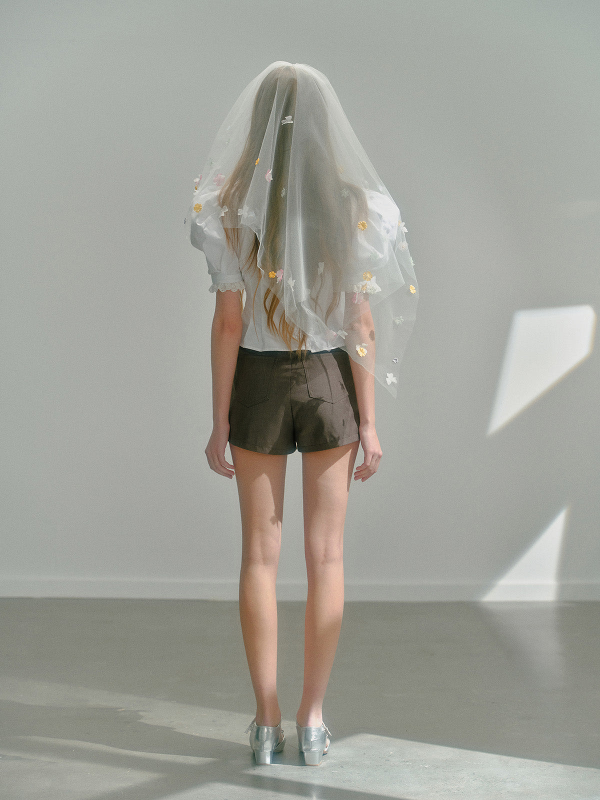 Puff Sleeve Frilled Neck Flower Lace Blouse