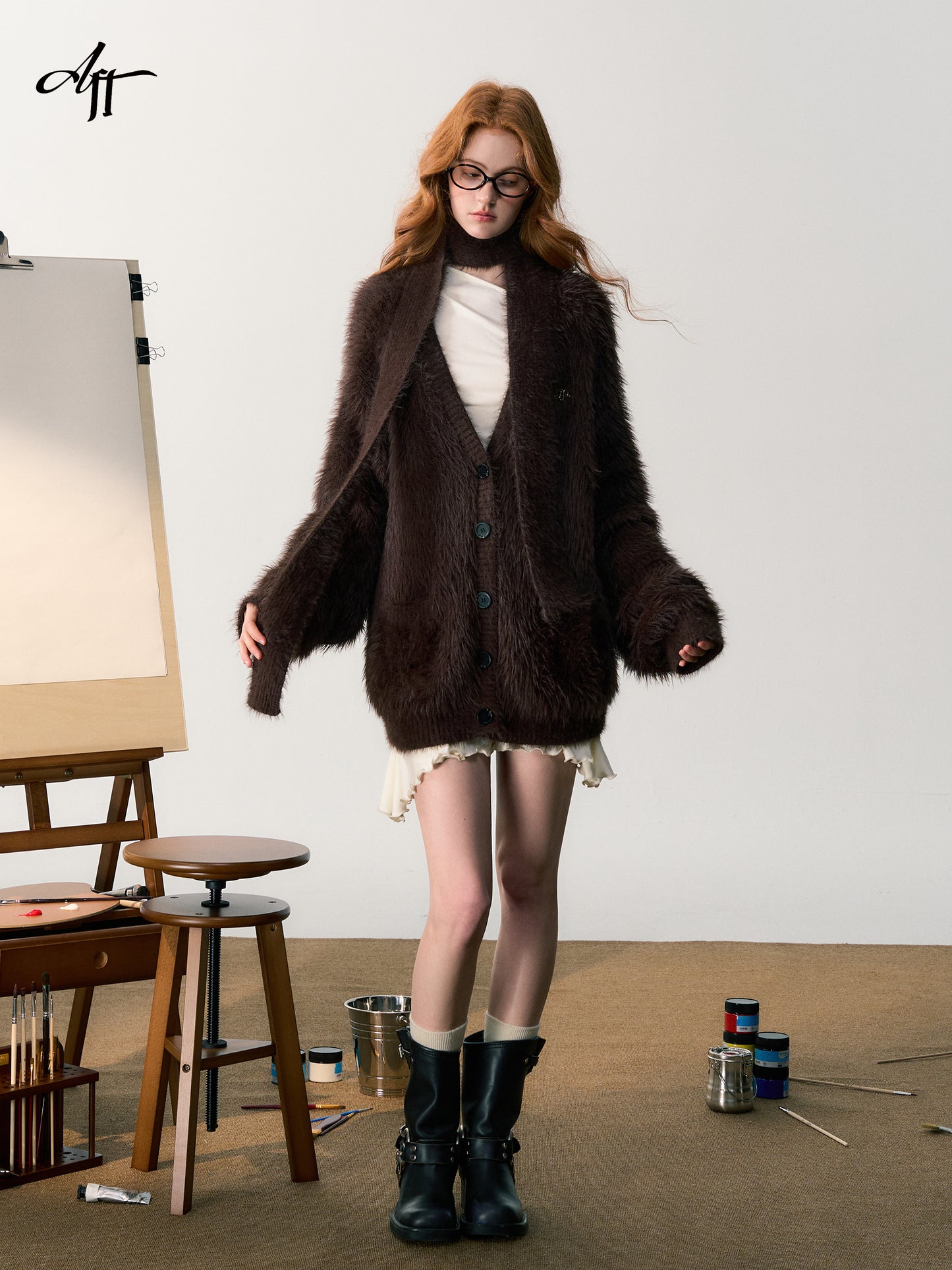 Faux Fur V-Neck Slouchy Cardigan With Scarf
