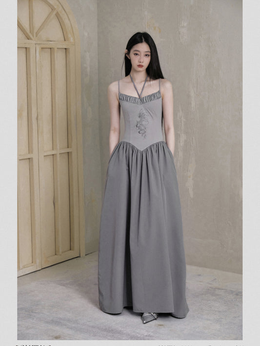 Dragon Embroidery Double-Strap Long Dress