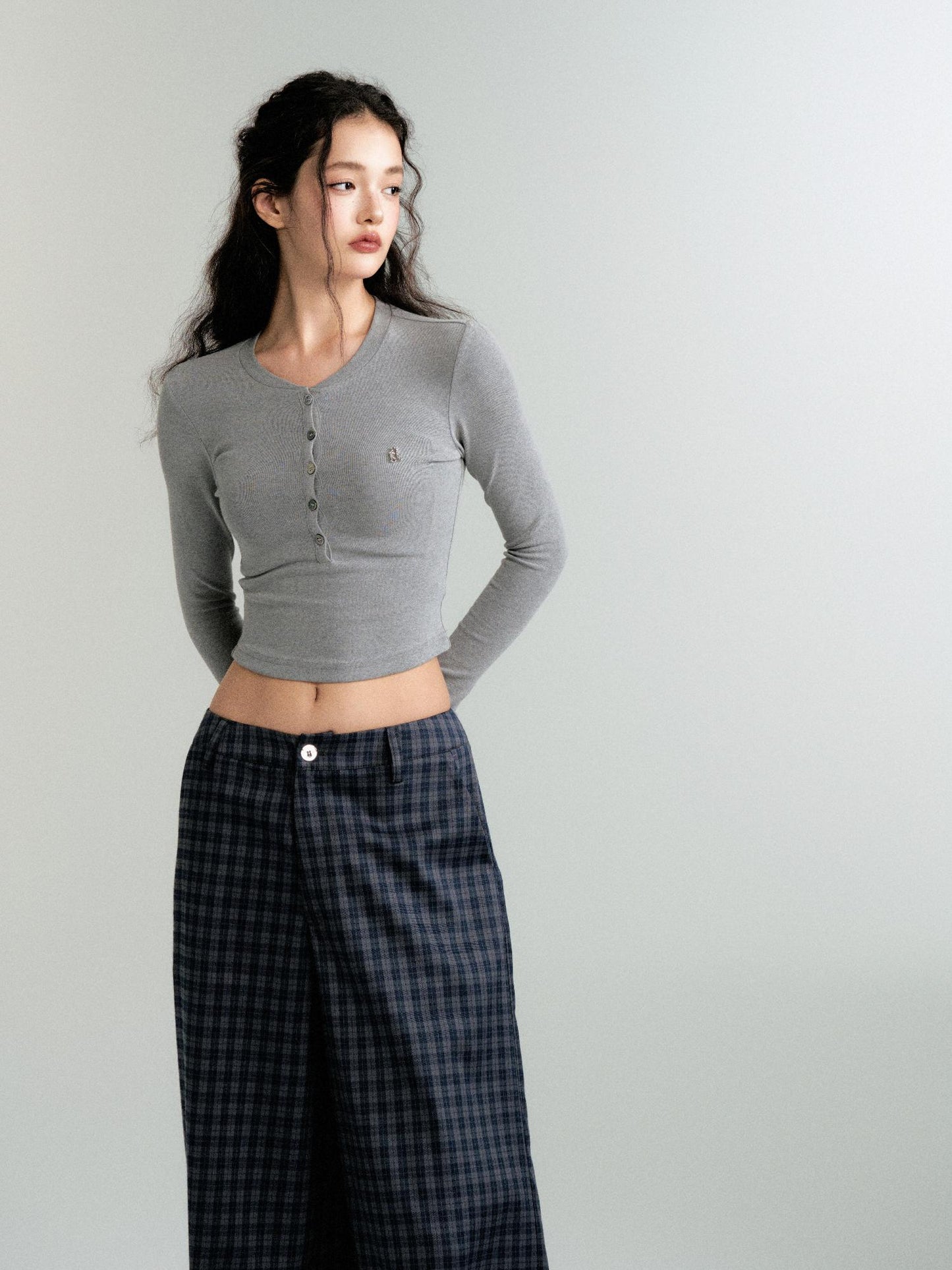 Henley Neck Slim Fit Cropped Knit T-Shirt