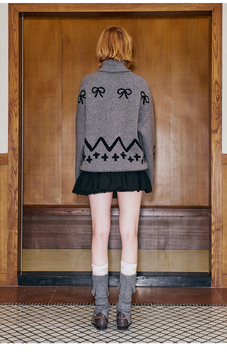 Dog Pattern Turtle Neck Zip Front Cardigan