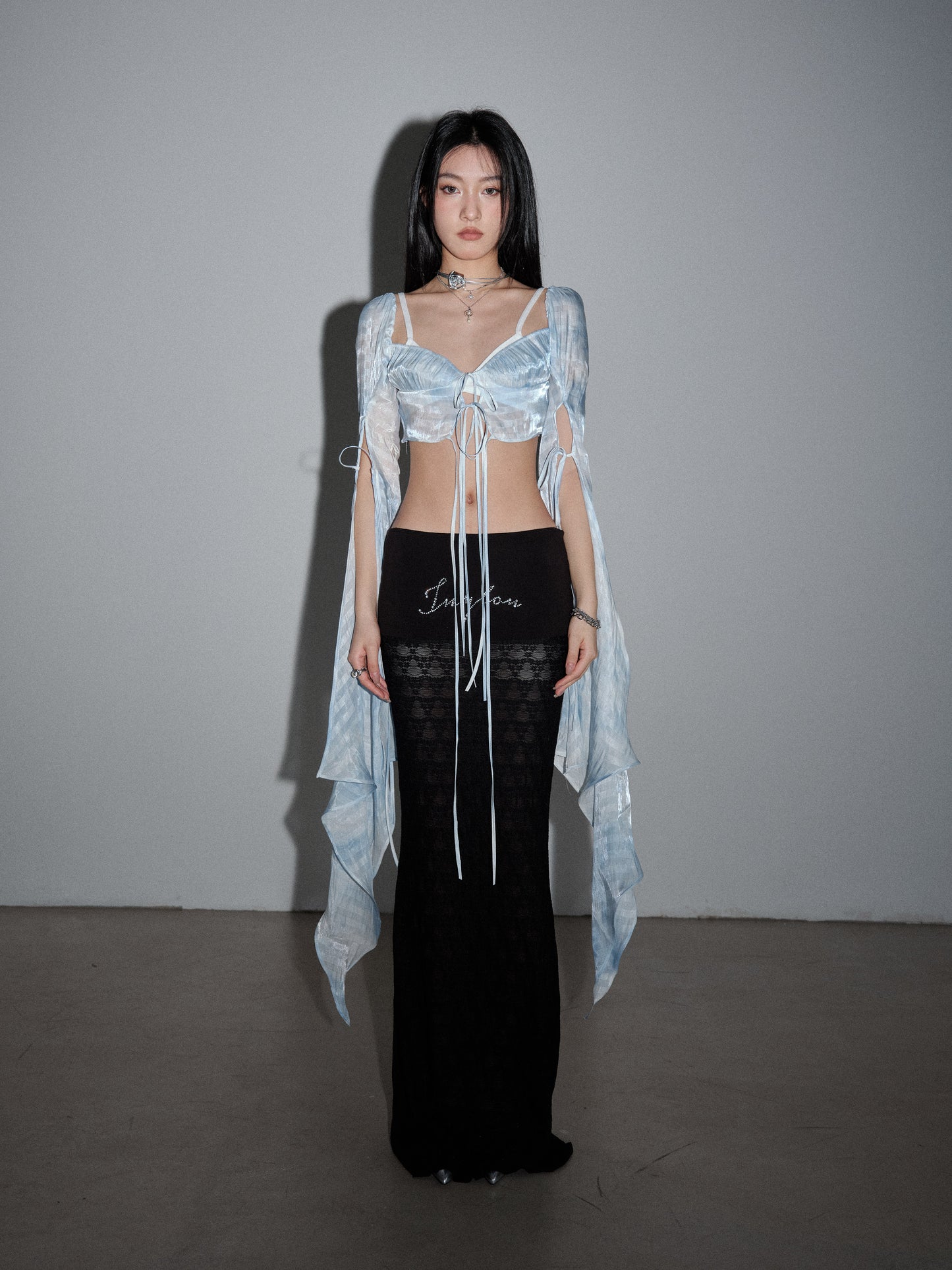 Lace-Up Front Extended Sleeve Flowing Cropped Top