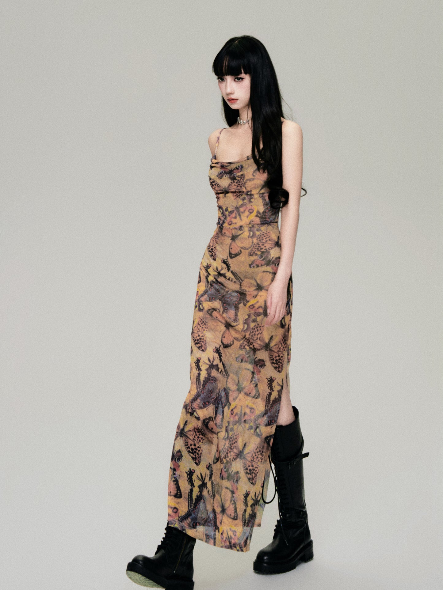 Butterfly Print Elastic Mesh Open Back Cami Dress
