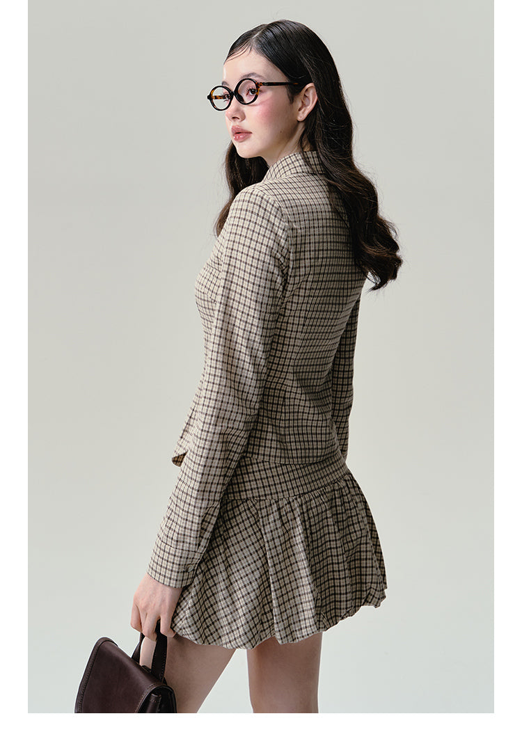 Cotton Plaid V-Hem Shirt And Balloon Mini Skirt Outfit