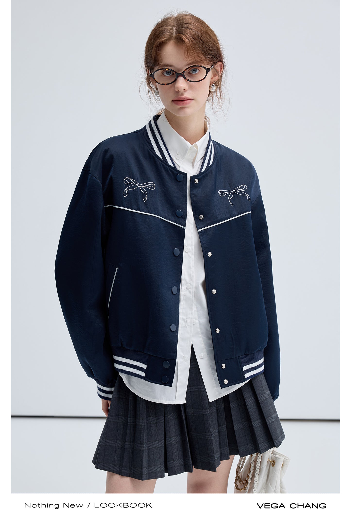 Bow Motif Embroidery Sporty Casual Varsity Jacket