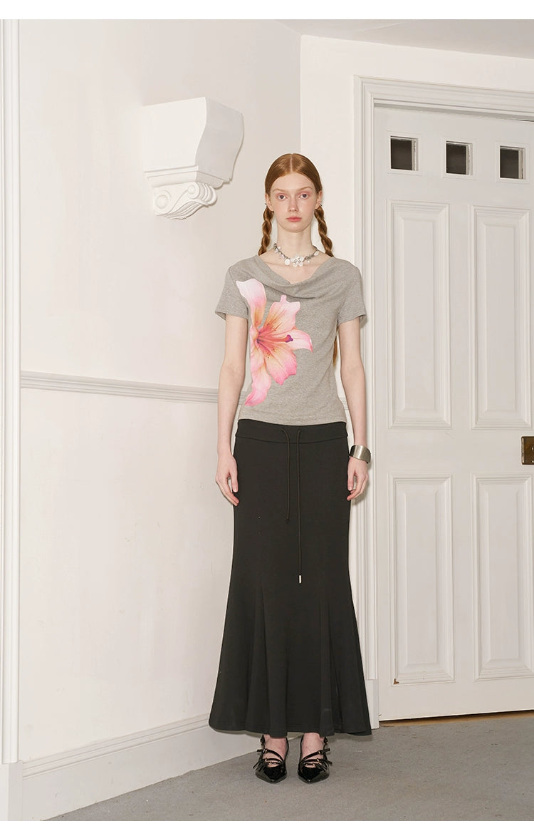 Flower Photo Print Slouchy Drape Neck Shirt