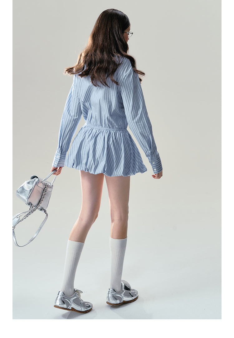 Layered Collar Glitter Striped Balloon Shirt Dress