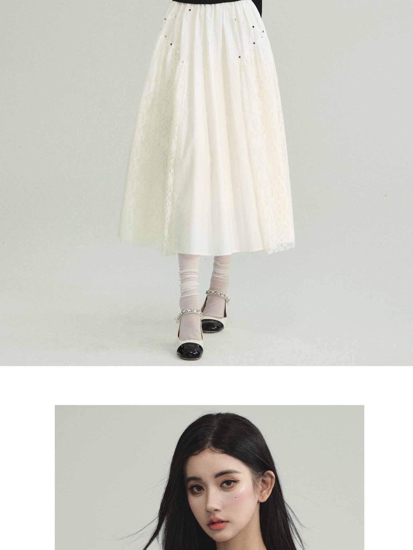 Studded Off Shoulder Top And Lace Patched Skirt