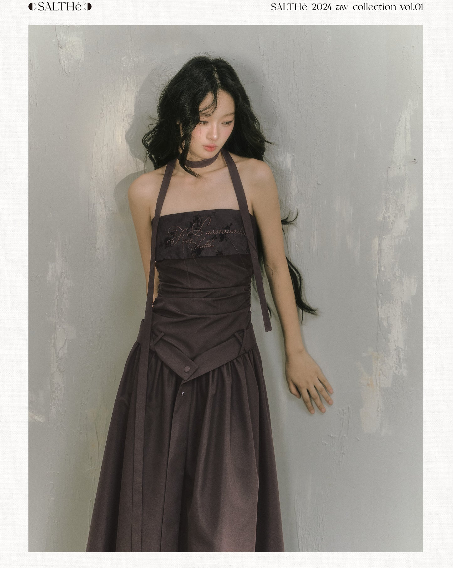 Embroidered Ruched Dress With Neckband And Belt