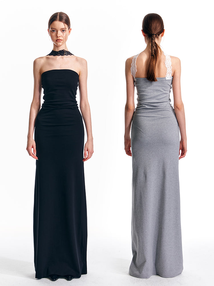 Lace Neck Band Cotton Tube Top Floor-Length Dress