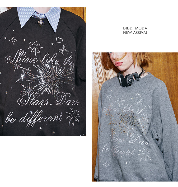 Sequined Fireworks Round Neck Raglan Sweatshirt