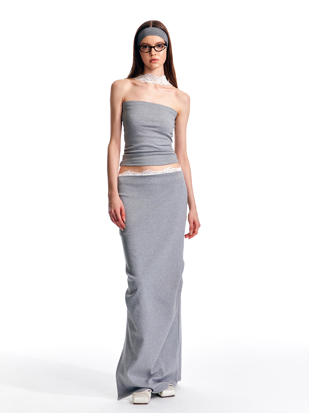 Lace Trimmed Elastic Low Waist Long Slit Skirt