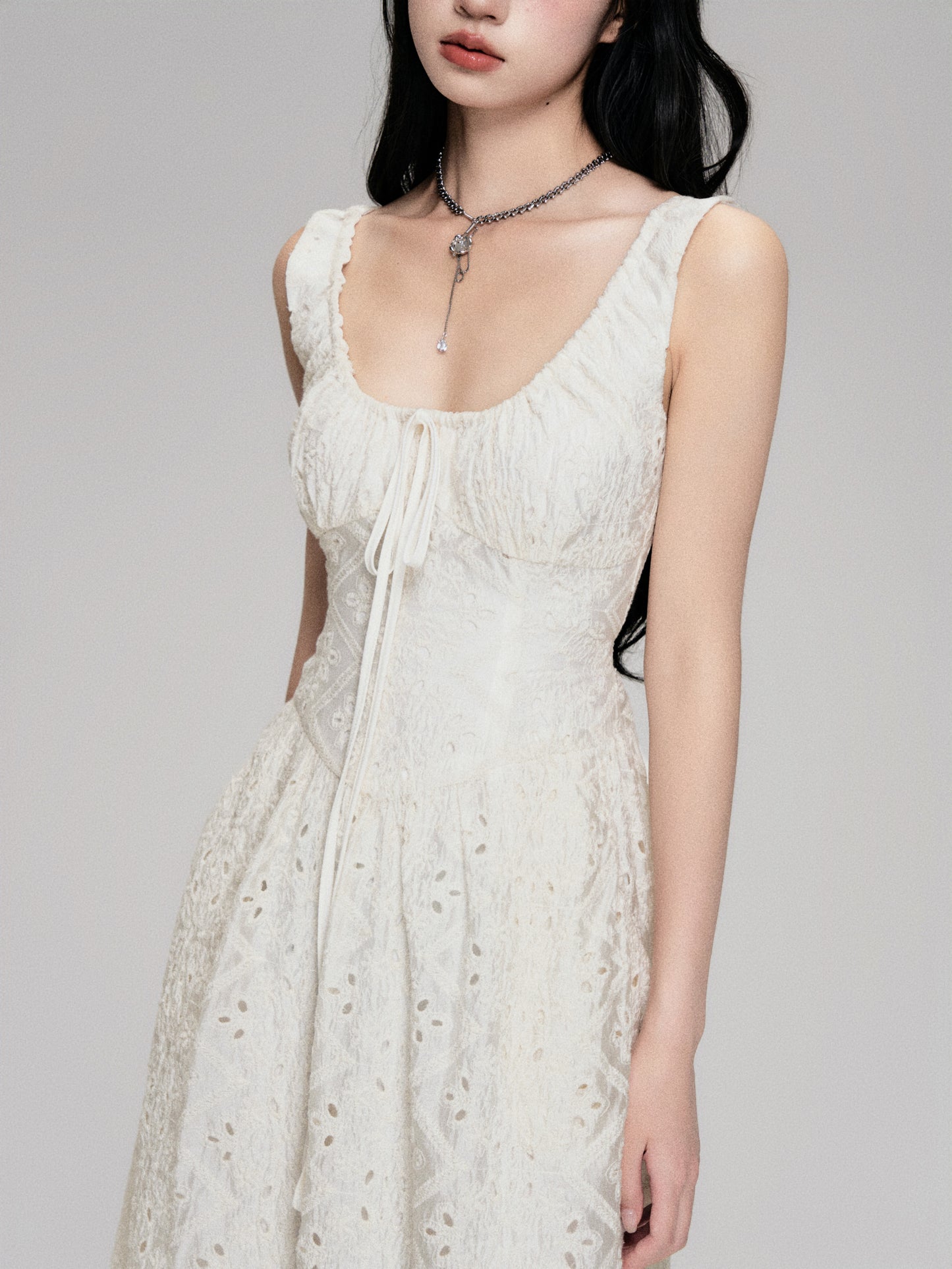 Eyelet Embroidered Lace Gathered Neck Long Dress