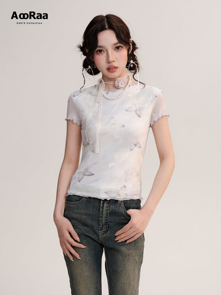 Butterfly Lettuce Edging Fitted Sheer T-Shirt