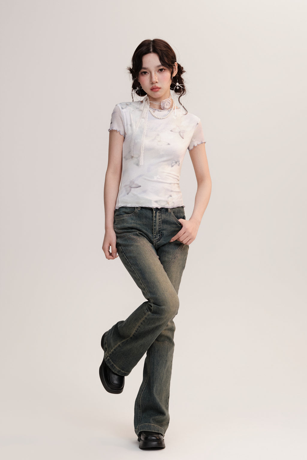 Butterfly Lettuce Edging Fitted Sheer T-Shirt