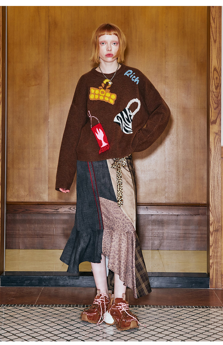 Asymmetric Zip-Up Patchwork Long Skirt