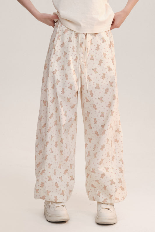 Drawstring Hem Floral Teddy Bear Print Pants