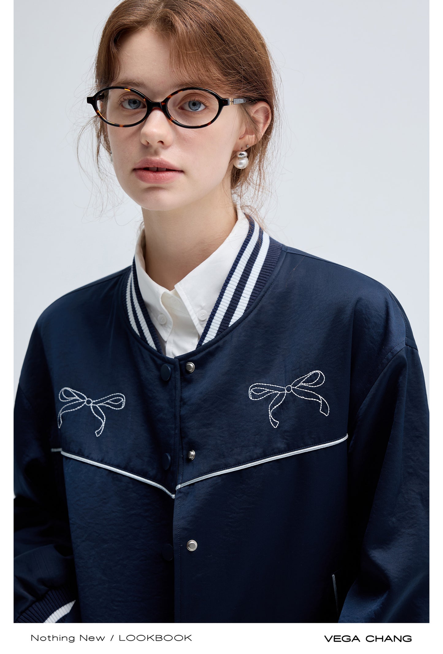 Bow Motif Embroidery Sporty Casual Varsity Jacket