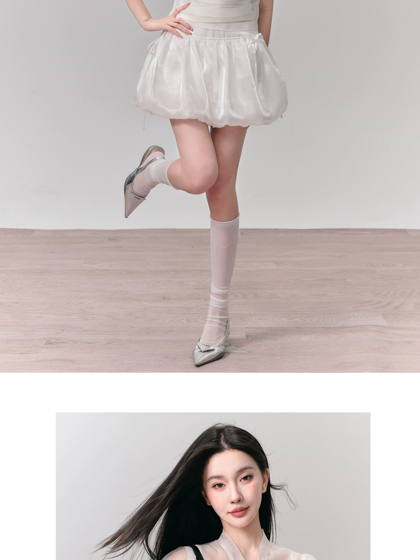 Puff Sleeve Organza Bow Tie Blouse and Mini Bubble Skirt