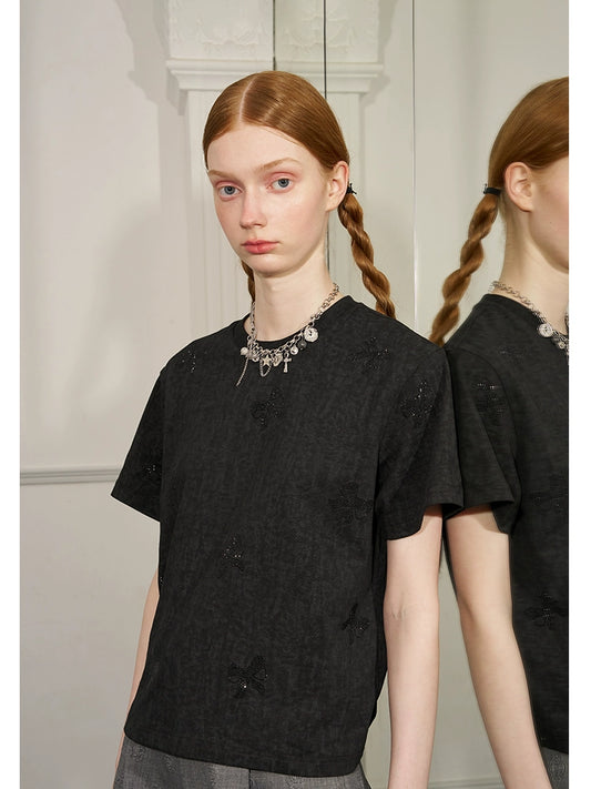 Comfortable Round Neck T-Shirt With Rhinestone Bows