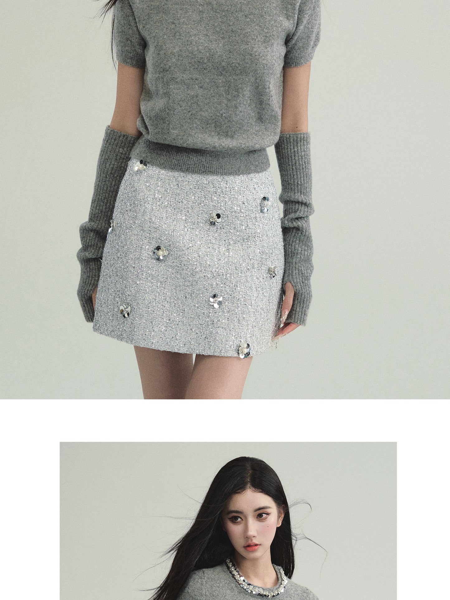 Sequined Neck Knit T-Shirt With Matching Sleeves