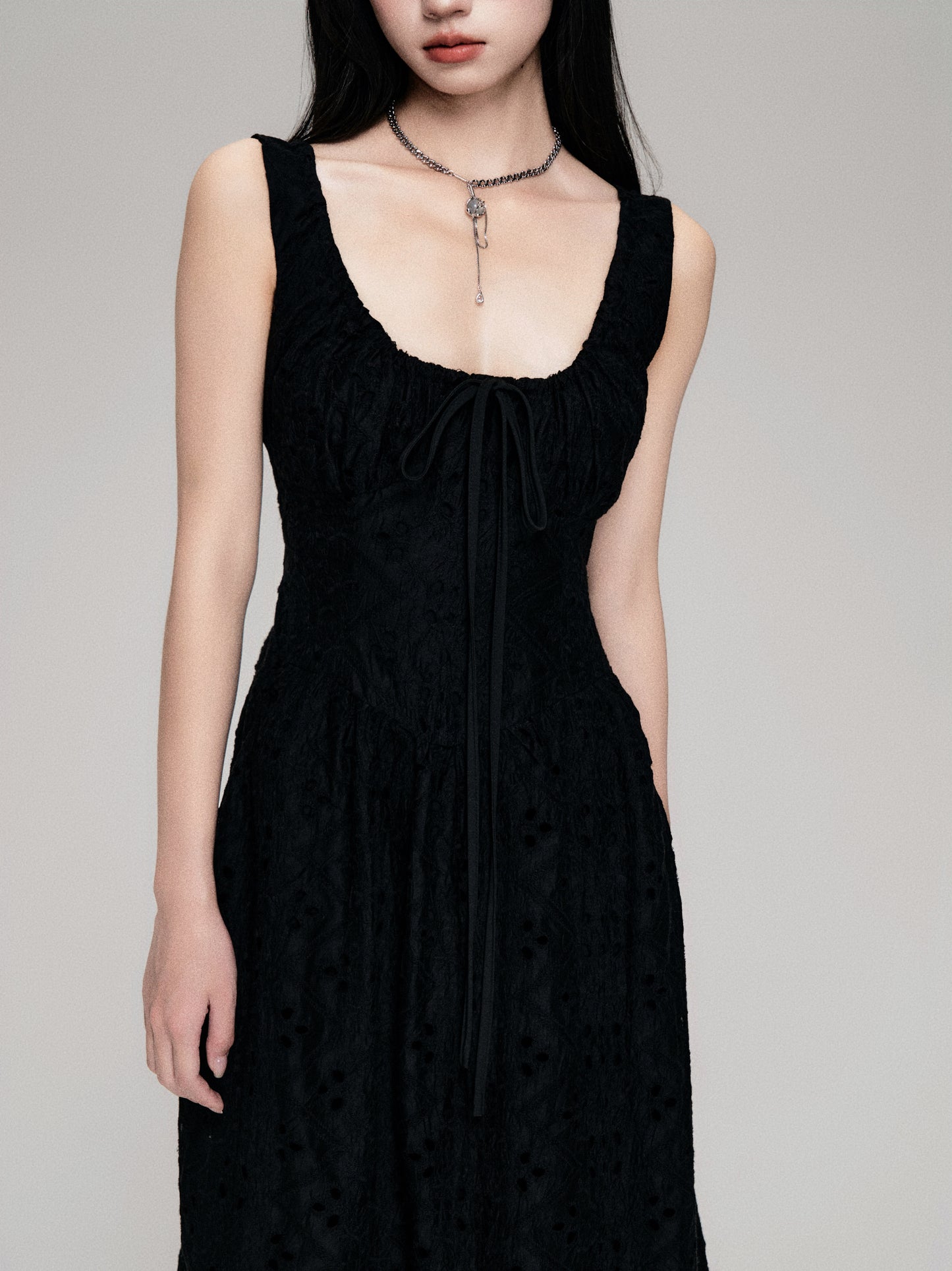Eyelet Embroidered Lace Gathered Neck Long Dress