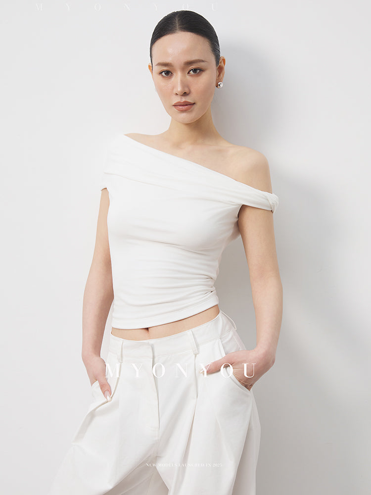 Fitted Asymmetrical Crop Top With Twisted Shoulder