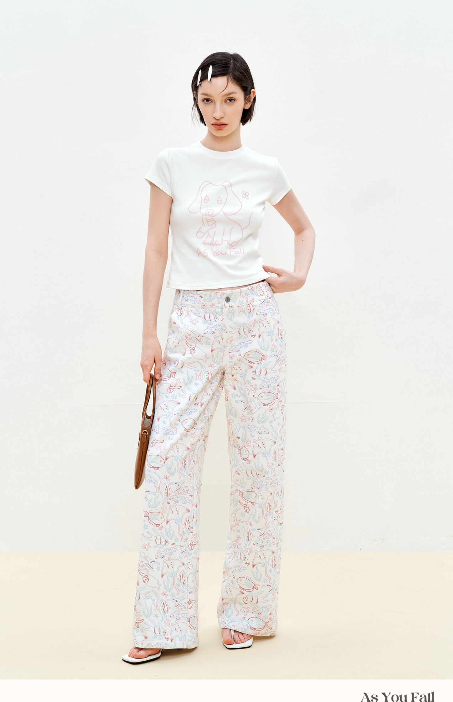 Aquatic Fish Illustration Wide-Leg Pants