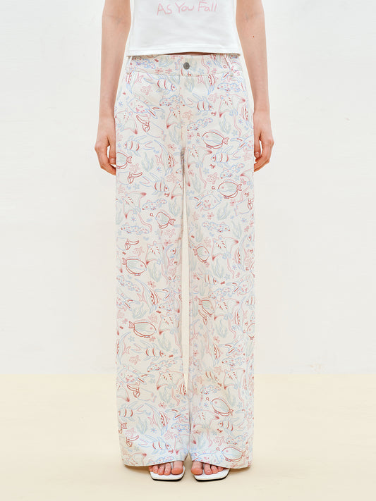 Aquatic Fish Illustration Wide-Leg Pants