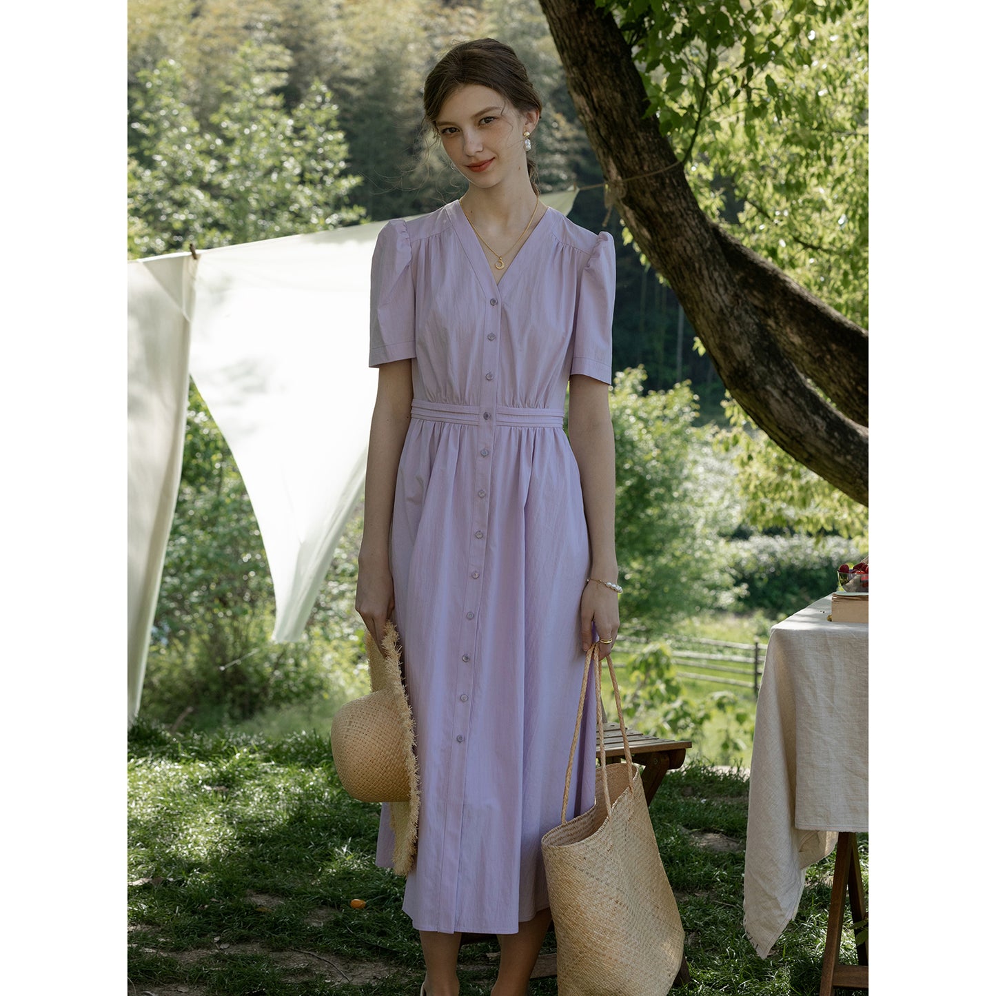 Short Puff-Sleeve Button-Front Dress