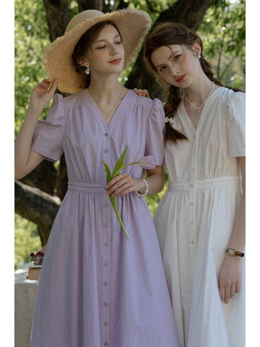 Short Puff-Sleeve Button-Front Dress