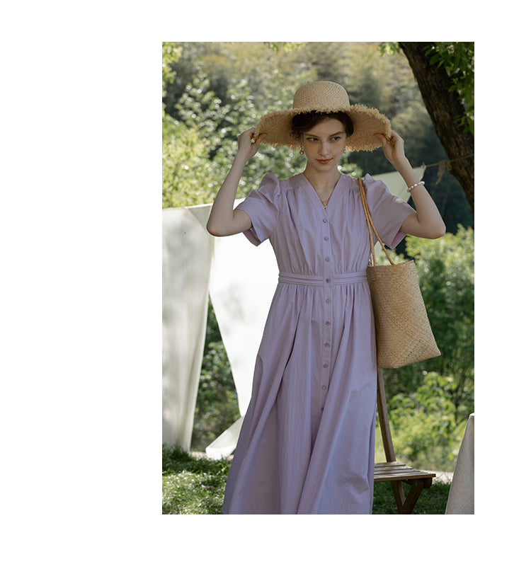 Short Puff-Sleeve Button-Front Dress