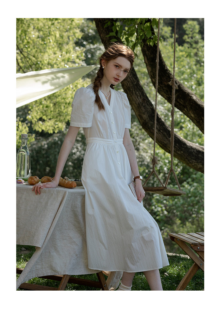 Short Puff-Sleeve Button-Front Dress