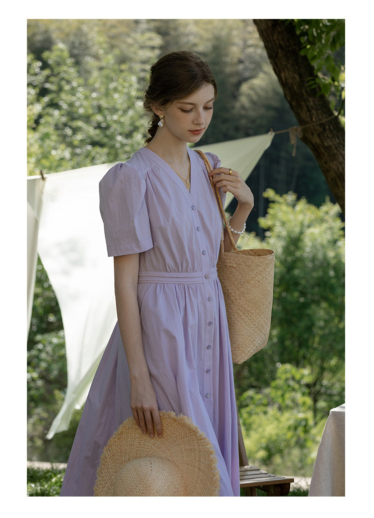 Short Puff-Sleeve Button-Front Dress