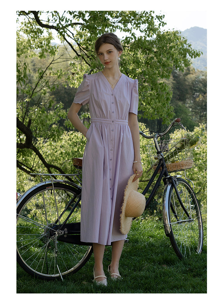 Short Puff-Sleeve Button-Front Dress
