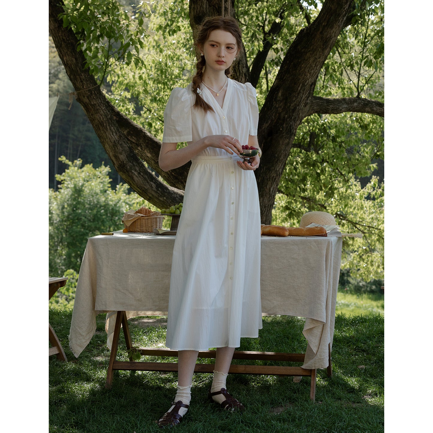 Short Puff-Sleeve Button-Front Dress