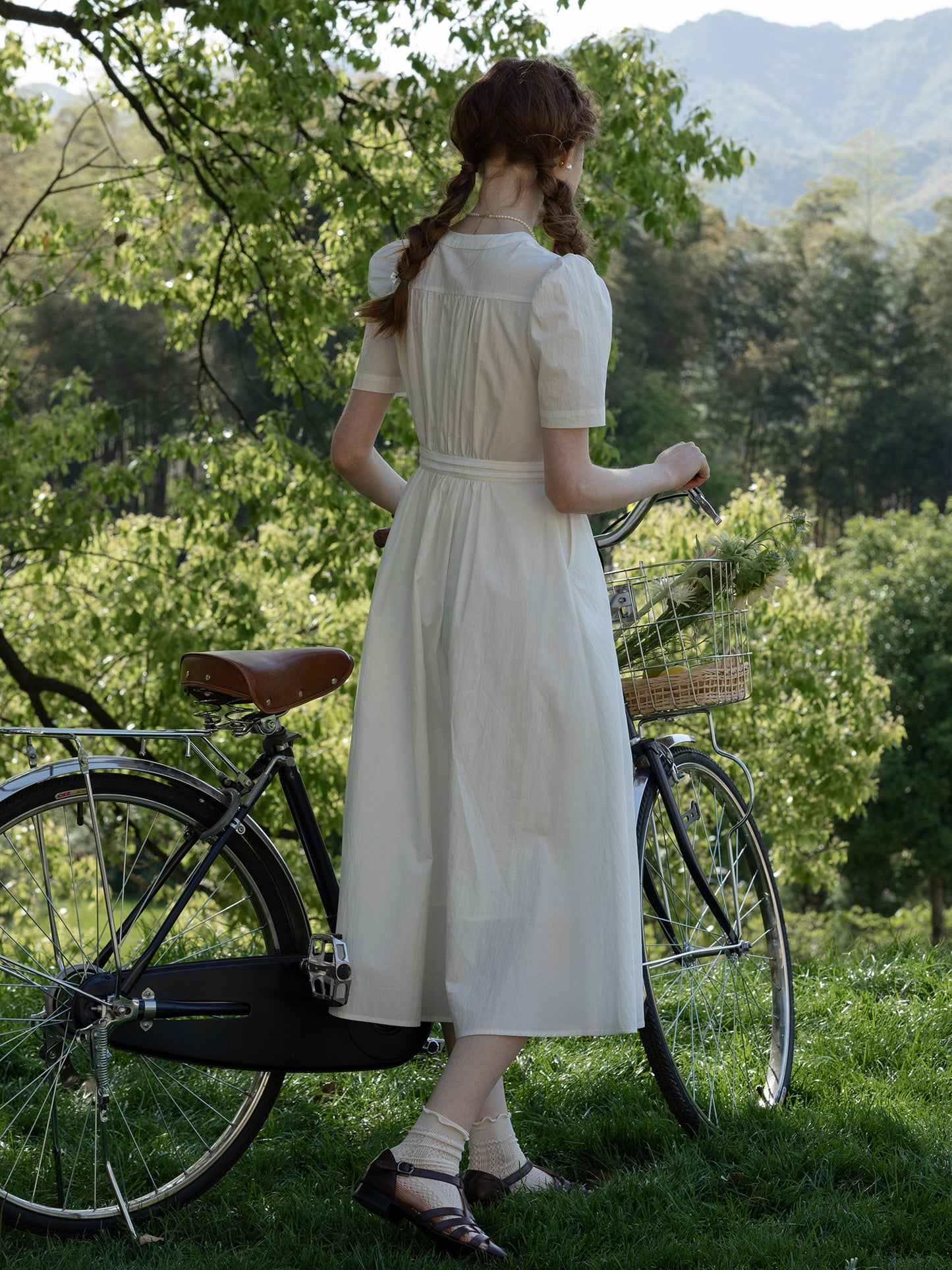 Short Puff-Sleeve Button-Front Dress