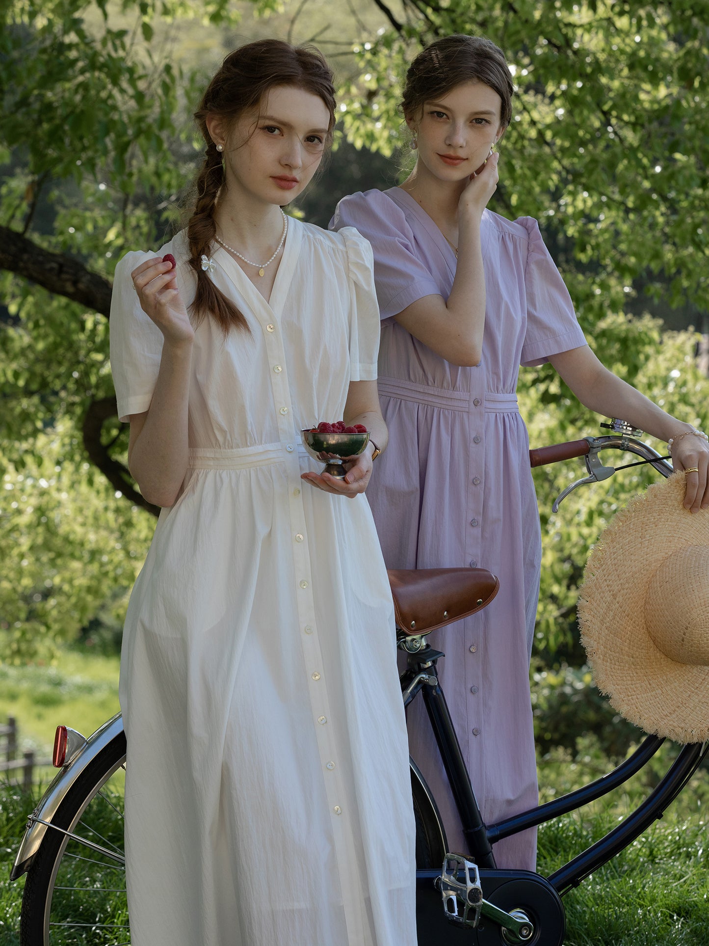 Short Puff-Sleeve Button-Front Dress