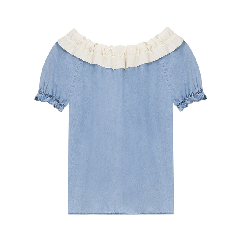 Washed Denim Two-Way Shoulder Top With Ruffled Neck