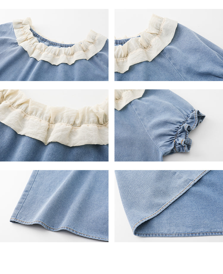 Washed Denim Two-Way Shoulder Top With Ruffled Neck