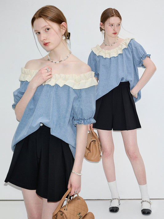 Washed Denim Two-Way Shoulder Top With Ruffled Neck
